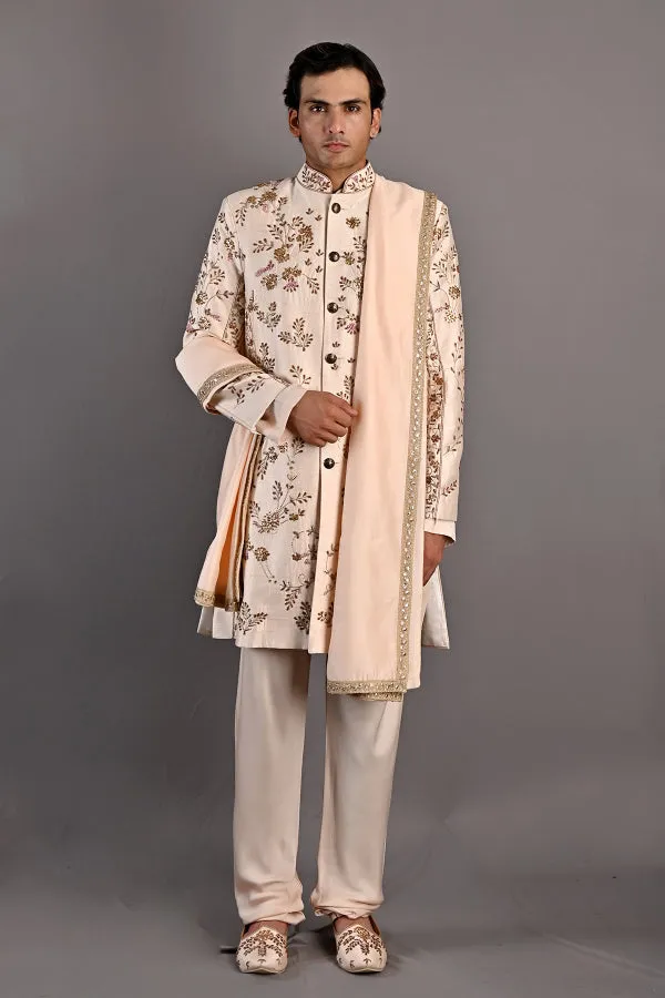 Rosen - Peach Hand Embroidered Sherwani Jacket set