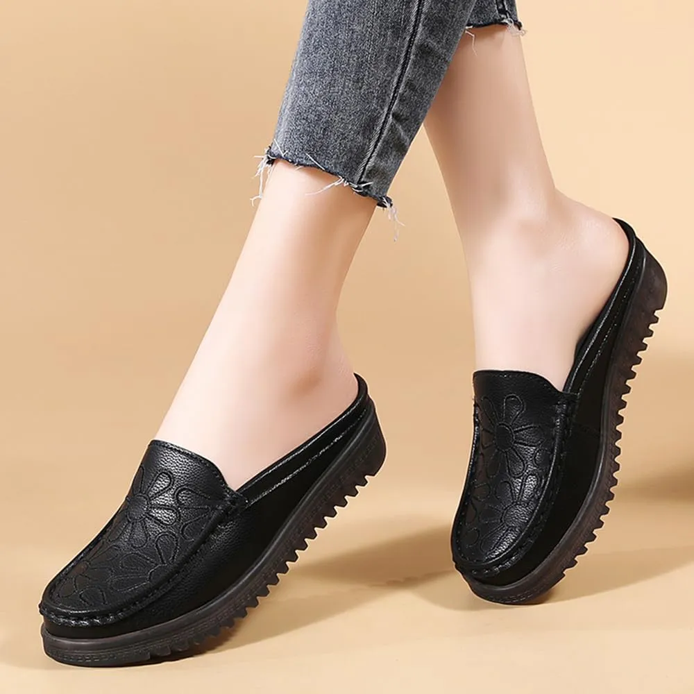 Succttssful Women's Closed Toe Mules Sandals for Walking: Backless Flats Loafers for Office - Casual Leather Mules for Girls