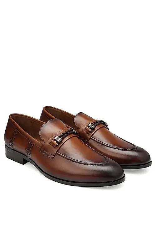Tan Braided Leather Loafers