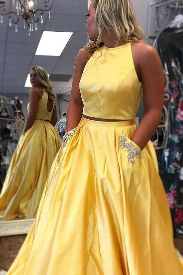 Two Piece Halter Neck Satin Long Prom Dress With Beading Pocket PSK374