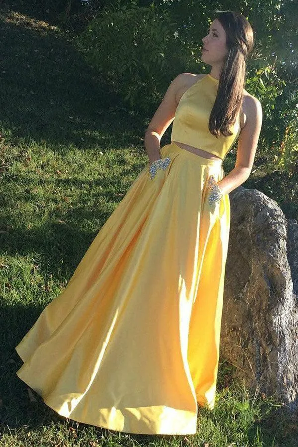 Two Piece Halter Neck Satin Long Prom Dress With Beading Pocket PSK374