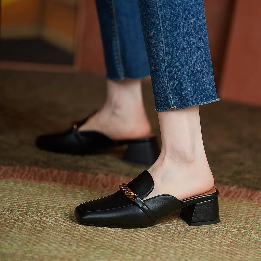 Women's Chunky Block Low Heel Mule Loafers Square Toe Slip On Backless Dress Pump Slide Sandal Shoes