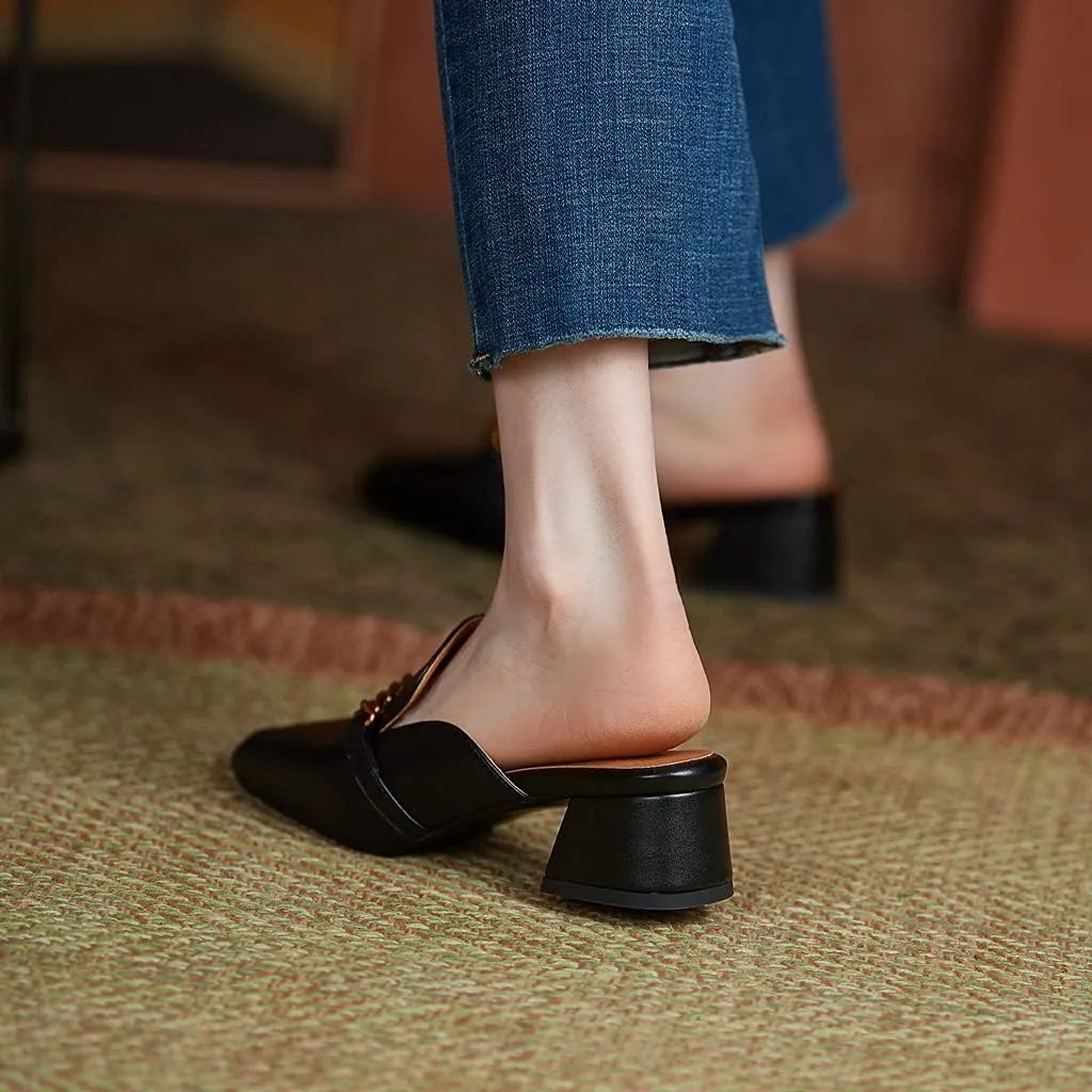Women's Chunky Block Low Heel Mule Loafers Square Toe Slip On Backless Dress Pump Slide Sandal Shoes