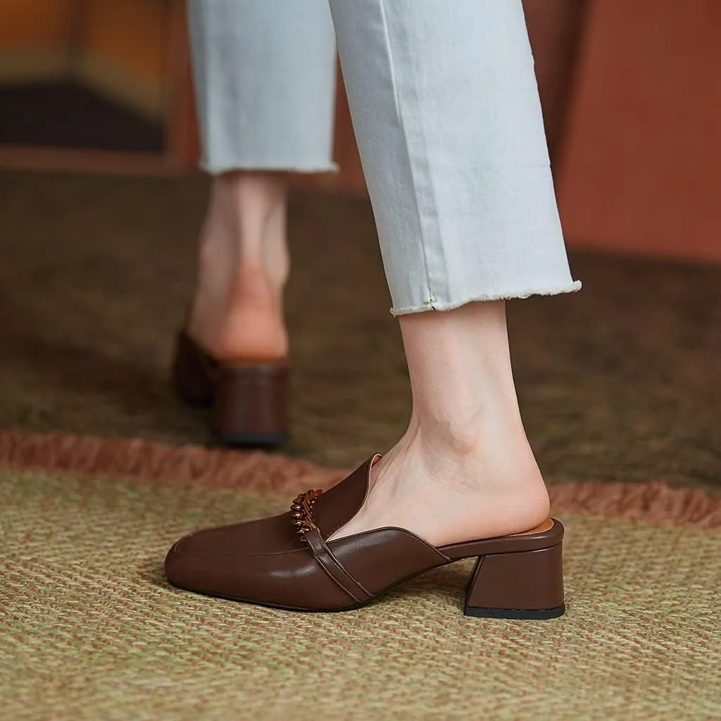 Women's Chunky Block Low Heel Mule Loafers Square Toe Slip On Backless Dress Pump Slide Sandal Shoes
