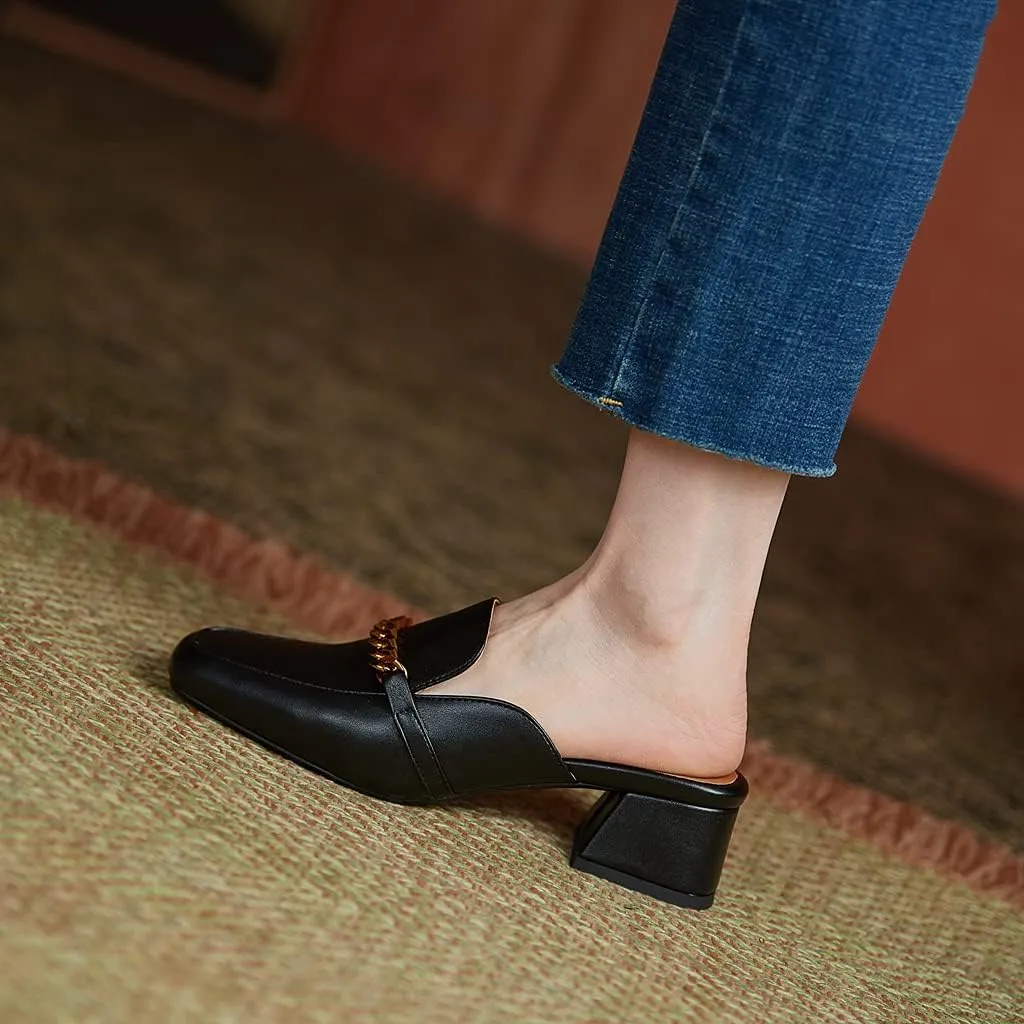Women's Chunky Block Low Heel Mule Loafers Square Toe Slip On Backless Dress Pump Slide Sandal Shoes