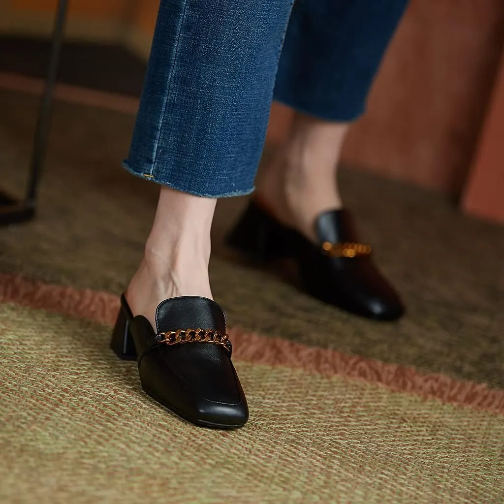 Women's Chunky Block Low Heel Mule Loafers Square Toe Slip On Backless Dress Pump Slide Sandal Shoes