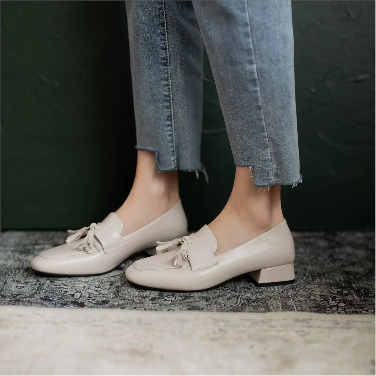 Women's Classic Closed Round Toe Matte Leather Comfort Patchwork Tassel Slip On Dress Flat Loafers Pumps Shoes