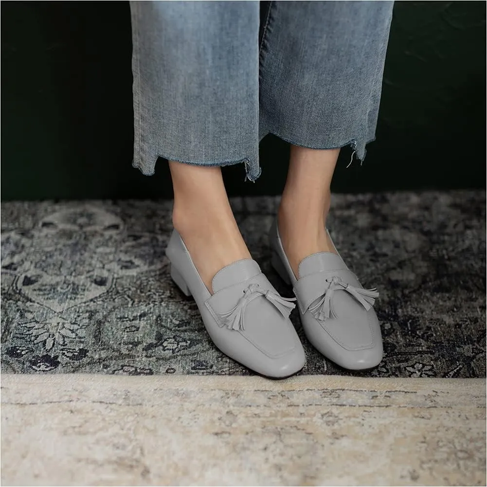 Women's Classic Closed Round Toe Matte Leather Comfort Patchwork Tassel Slip On Dress Flat Loafers Pumps Shoes