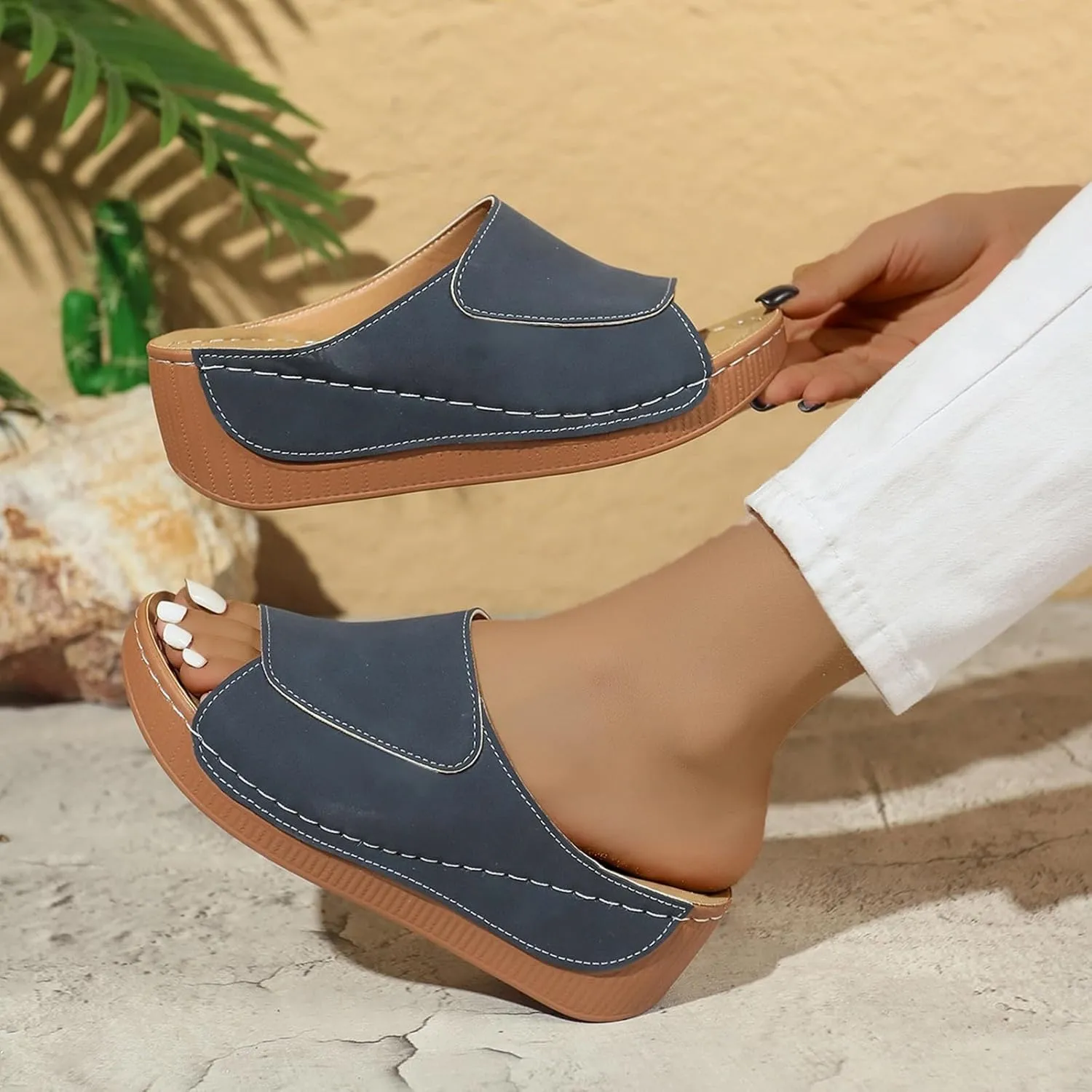 Womens Slip On Sandals Comfortable Platform Open Toe Solid Color Wedge Shoes Non Slip Casual Walking Slippers