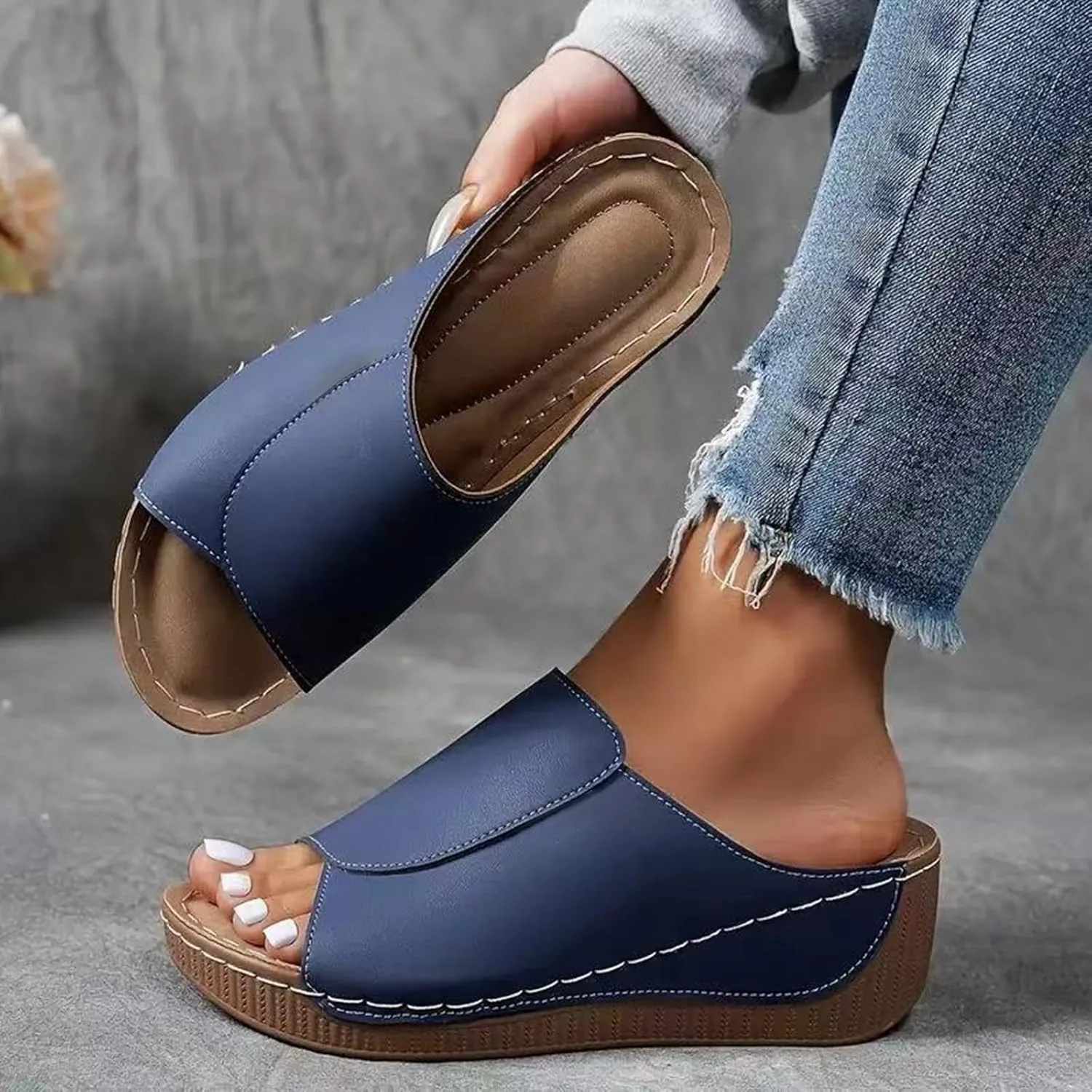 Womens Slip On Sandals Comfortable Platform Open Toe Solid Color Wedge Shoes Non Slip Casual Walking Slippers