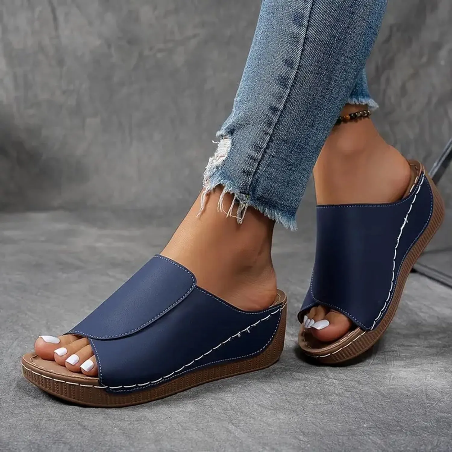 Womens Slip On Sandals Comfortable Platform Open Toe Solid Color Wedge Shoes Non Slip Casual Walking Slippers