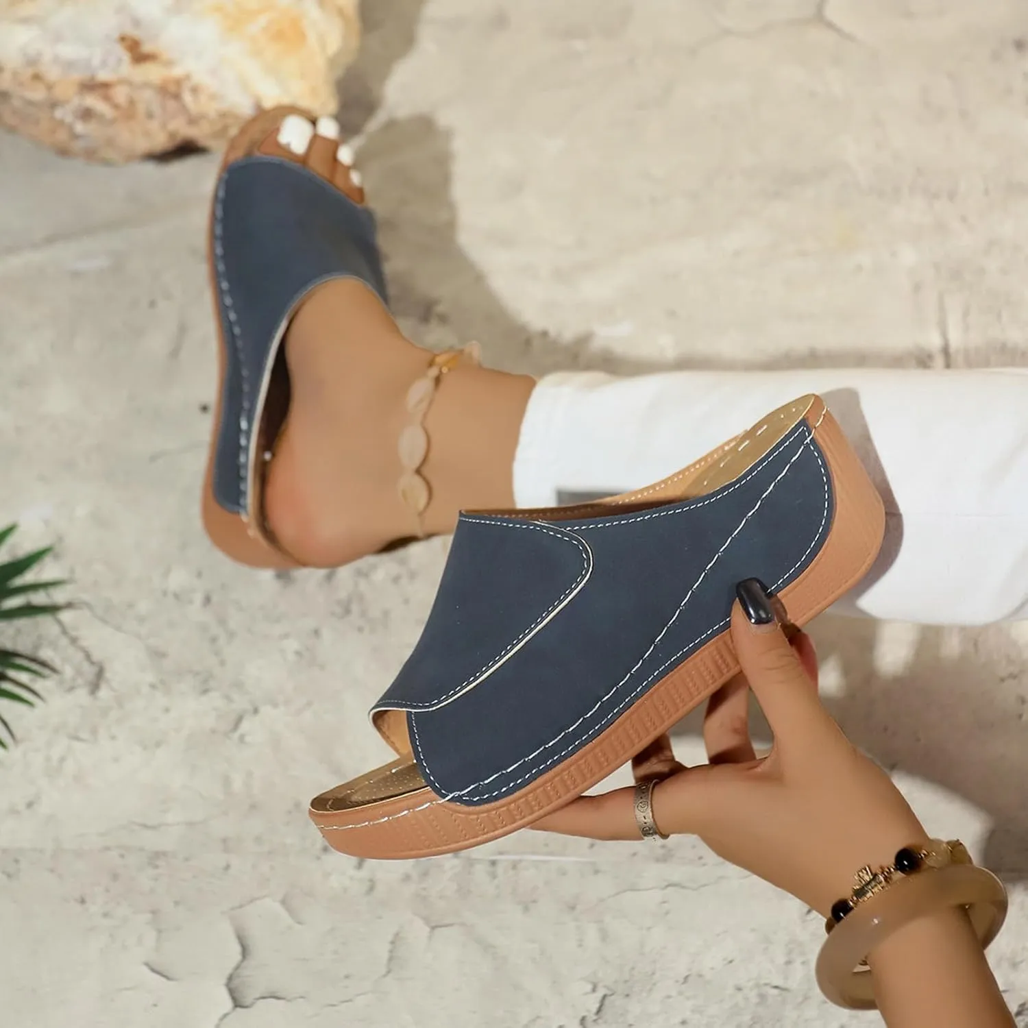 Womens Slip On Sandals Comfortable Platform Open Toe Solid Color Wedge Shoes Non Slip Casual Walking Slippers