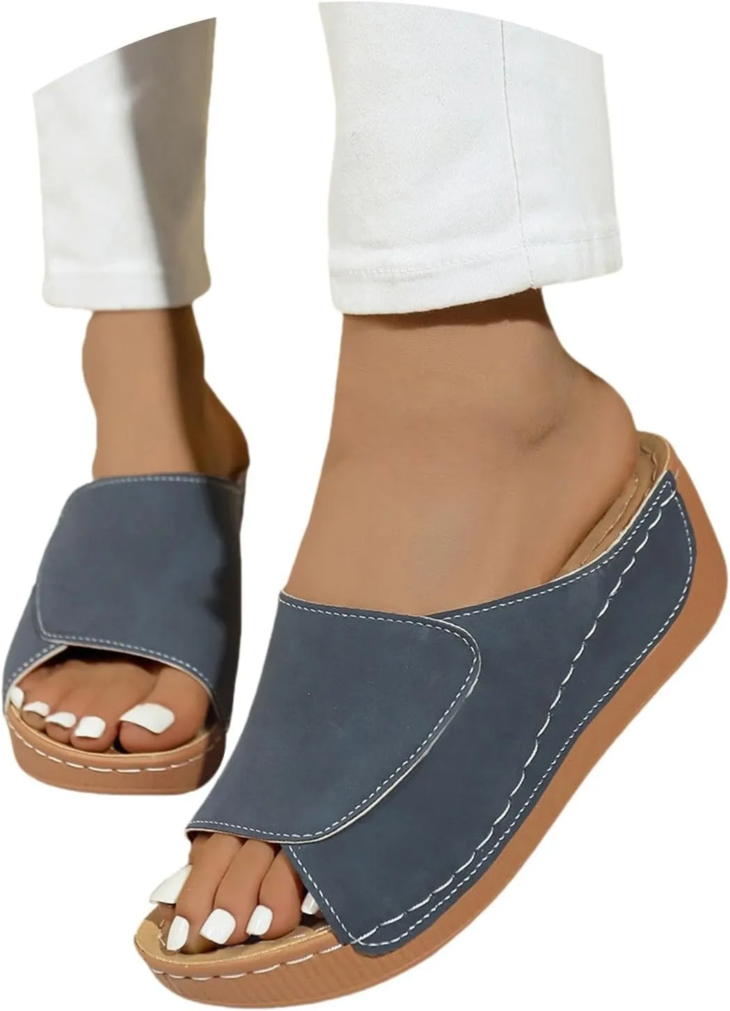 Womens Slip On Sandals Comfortable Platform Open Toe Solid Color Wedge Shoes Non Slip Casual Walking Slippers